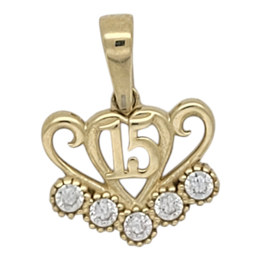 10K gold pendant. Quinceañera. Heart with white CZ stones.