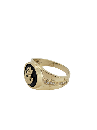10K gold ring. Anchor on a black base. CZ stones.