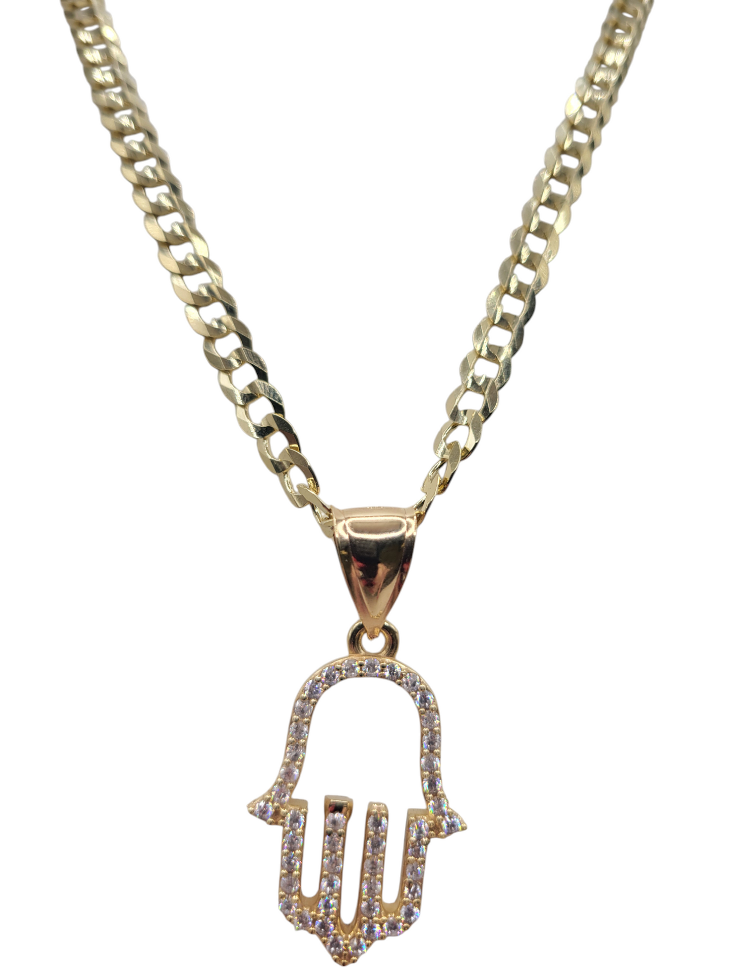 10K gold Cuban chain. Hand of Fatima pendant with CZ stones. 24in . 6mm