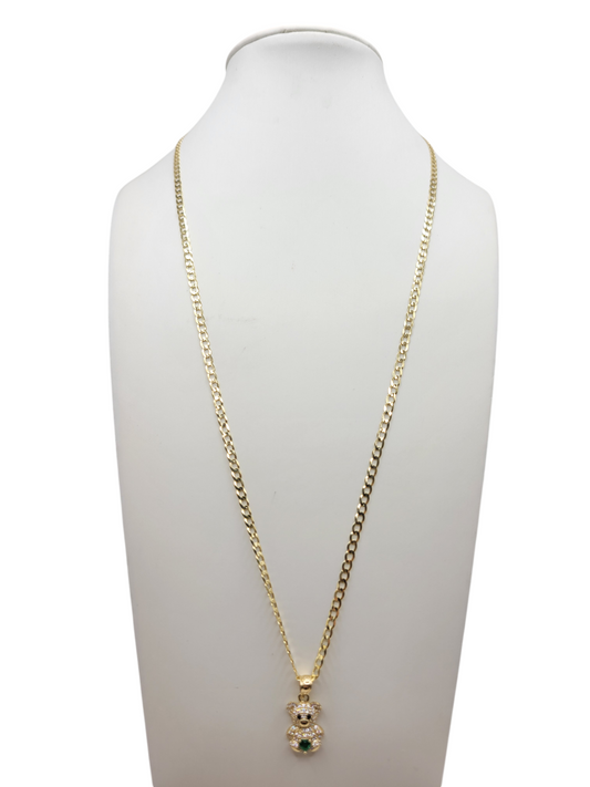 10K Gold Chain. Small Bear Pendant. Green CZ Stone. 20in. 3mm