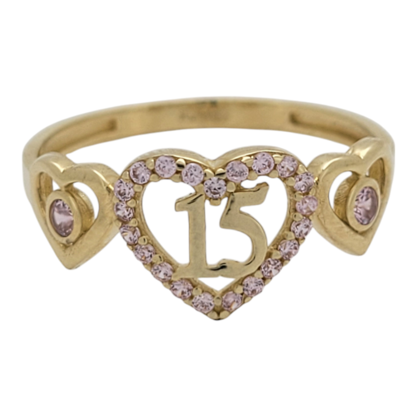 10K gold ring. Quinceañera. 3 hearts. Pink CZ stones. Size 8