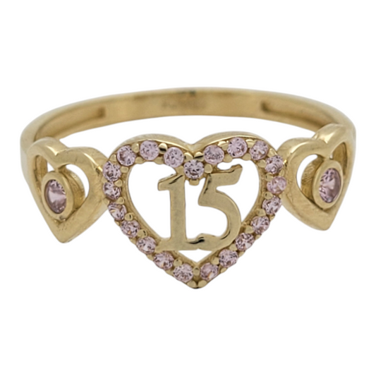 10K gold ring. Quinceañera. 3 hearts. Pink CZ stones. Size 8