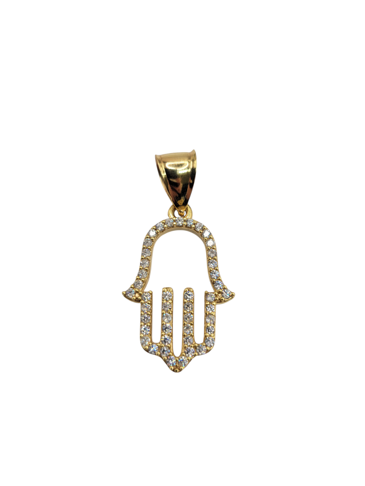 10K Gold Pendant. Hand of Fatima with CZ Stone