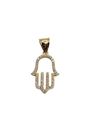 10K Gold Pendant. Hand of Fatima with CZ Stone