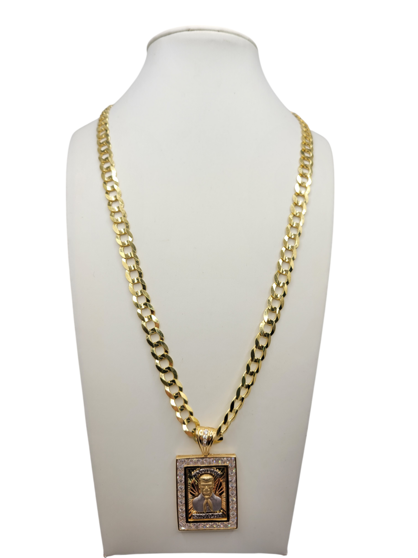 14K gold Cuban chain. Malverde pendant with CZ stone. 20in.  7mm