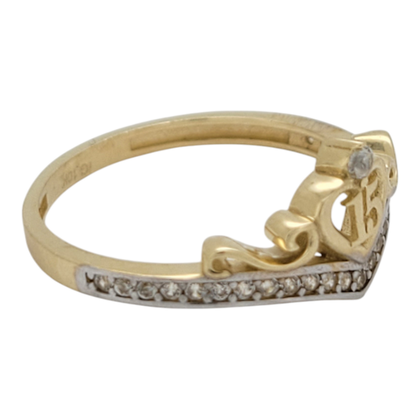 10K gold ring. Quinceañera style. Crown and heart with white CZ stone. Size 6.5