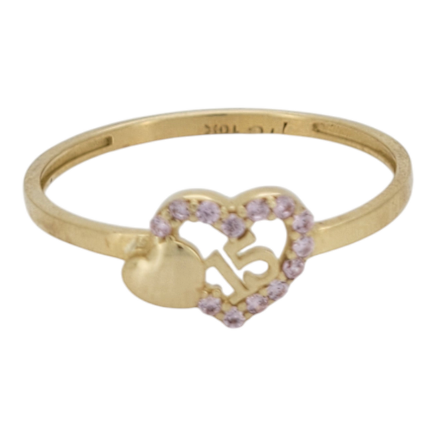 10K gold ring. Quinceañera. Pink CZ stones. Heart. Size 8