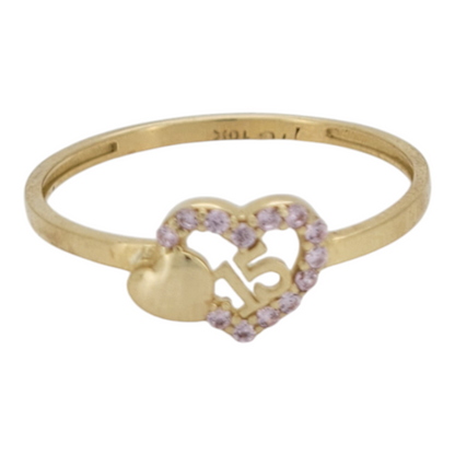 10K gold ring. Quinceañera. Pink CZ stones. Heart. Size 8