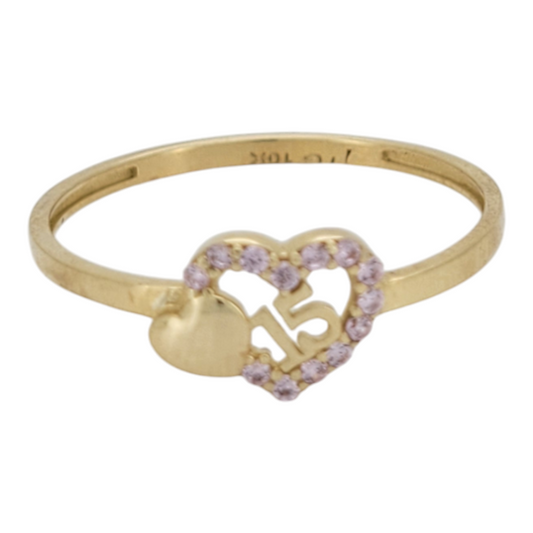 10K gold ring. Quinceañera. Pink CZ stones. Heart. Size 8