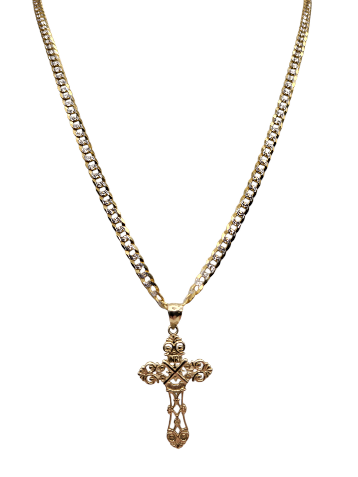 14K Gold Cuban Chain. Woven Cross Pendant. 22in. 4mm