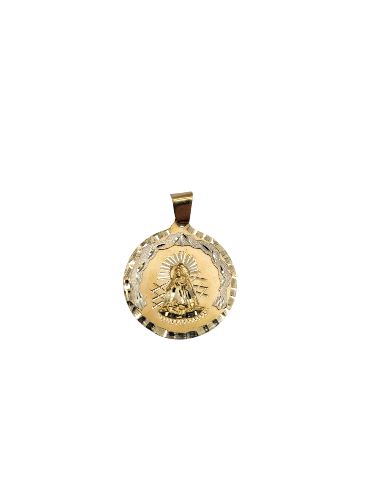 14K gold pendant. Virgin of Charity. Round.