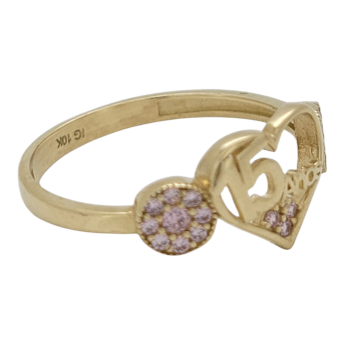 10K gold ring. Quinceañera. Heart with pink CZ stones. Size 7