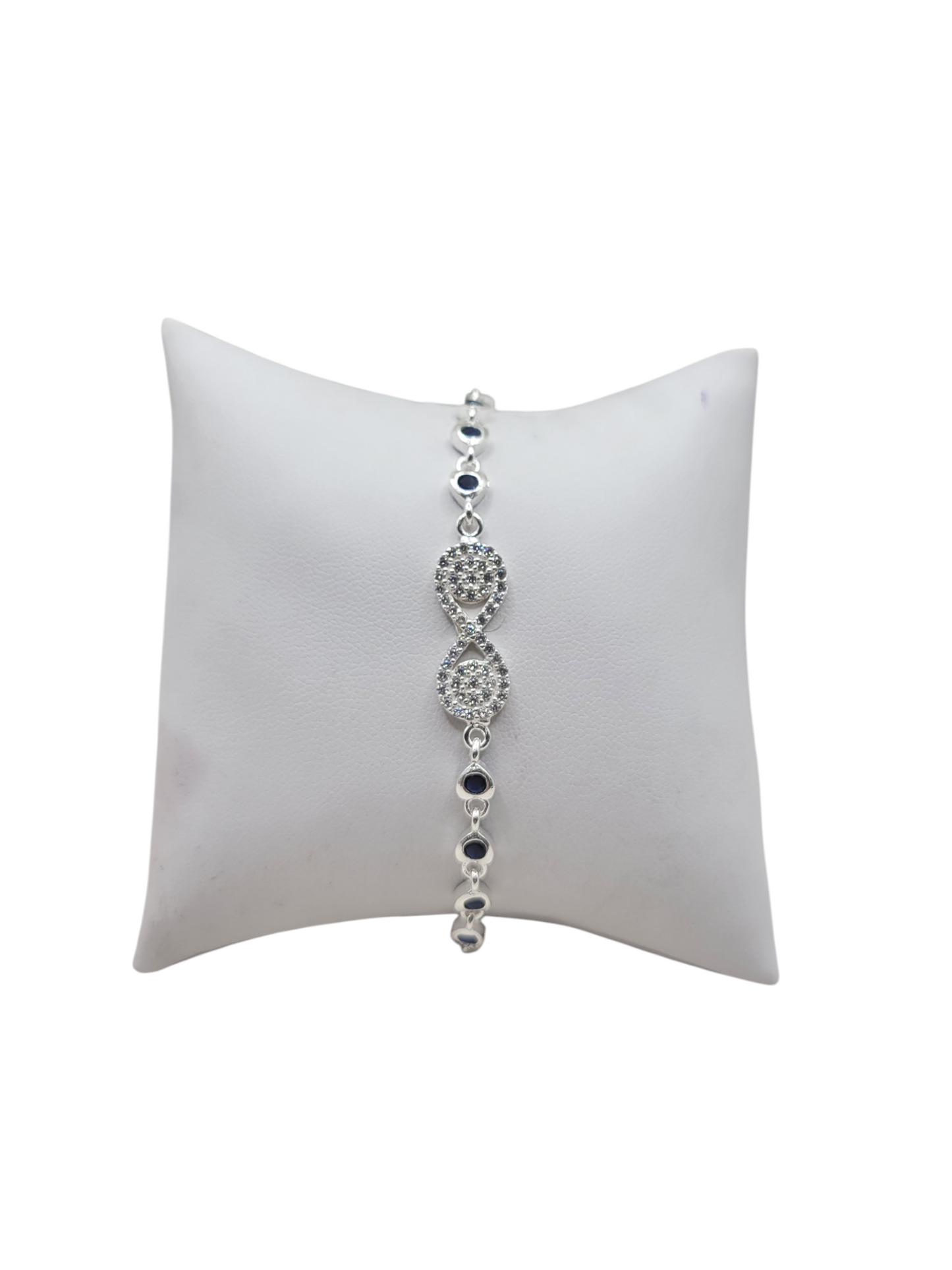 925 Sterling Silver Infinity Symbol Bracelet with Dark Blue CZ Stone. 8 inches. 2 mm