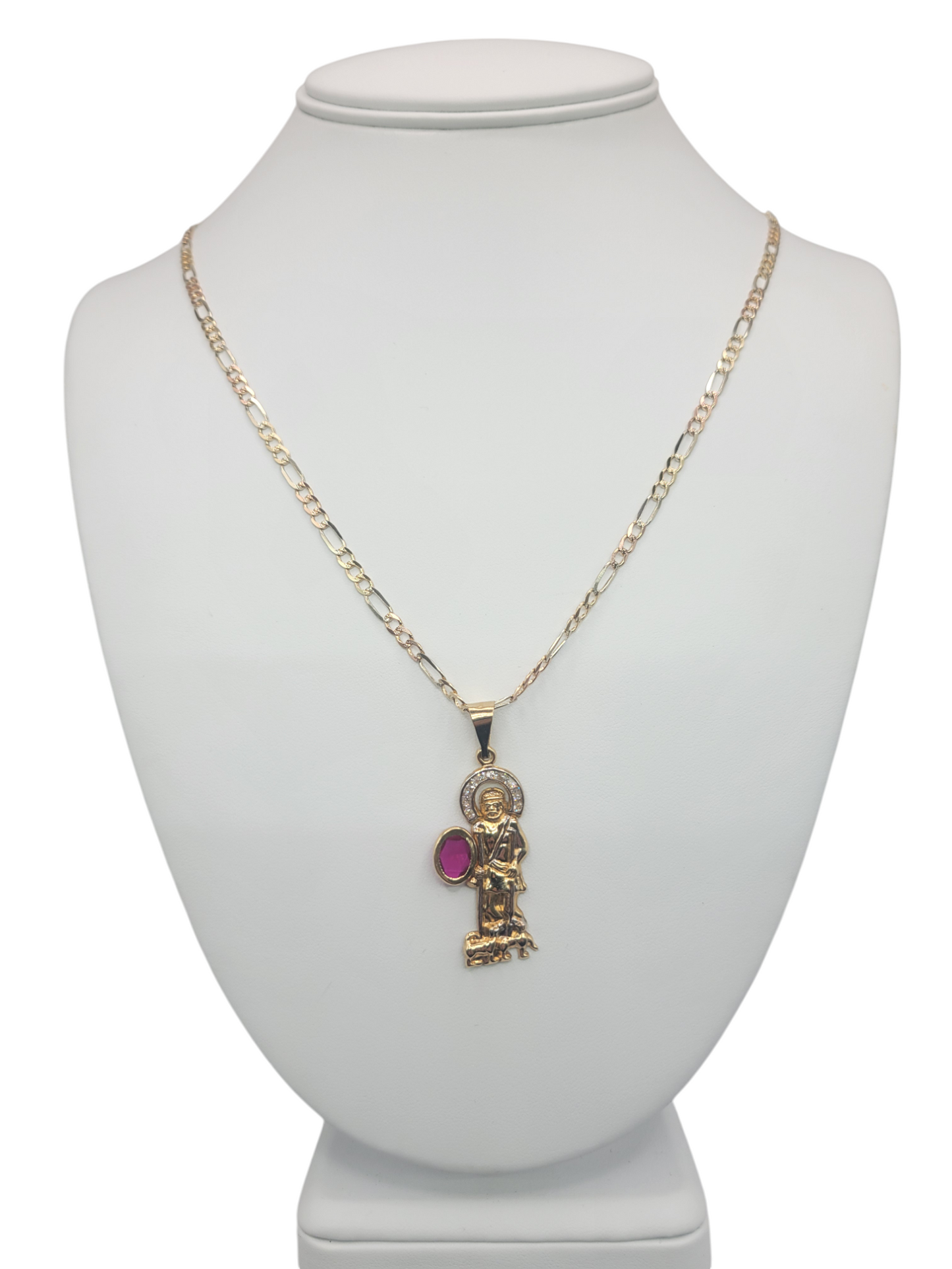 10K gold Figaro chain. Saint Lazarus pendant with CZ stones. 24in . 3.5mm