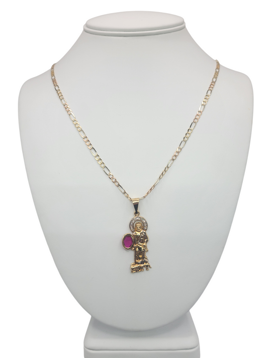 10K gold Figaro chain. Saint Lazarus pendant with CZ stones. 24in . 3.5mm