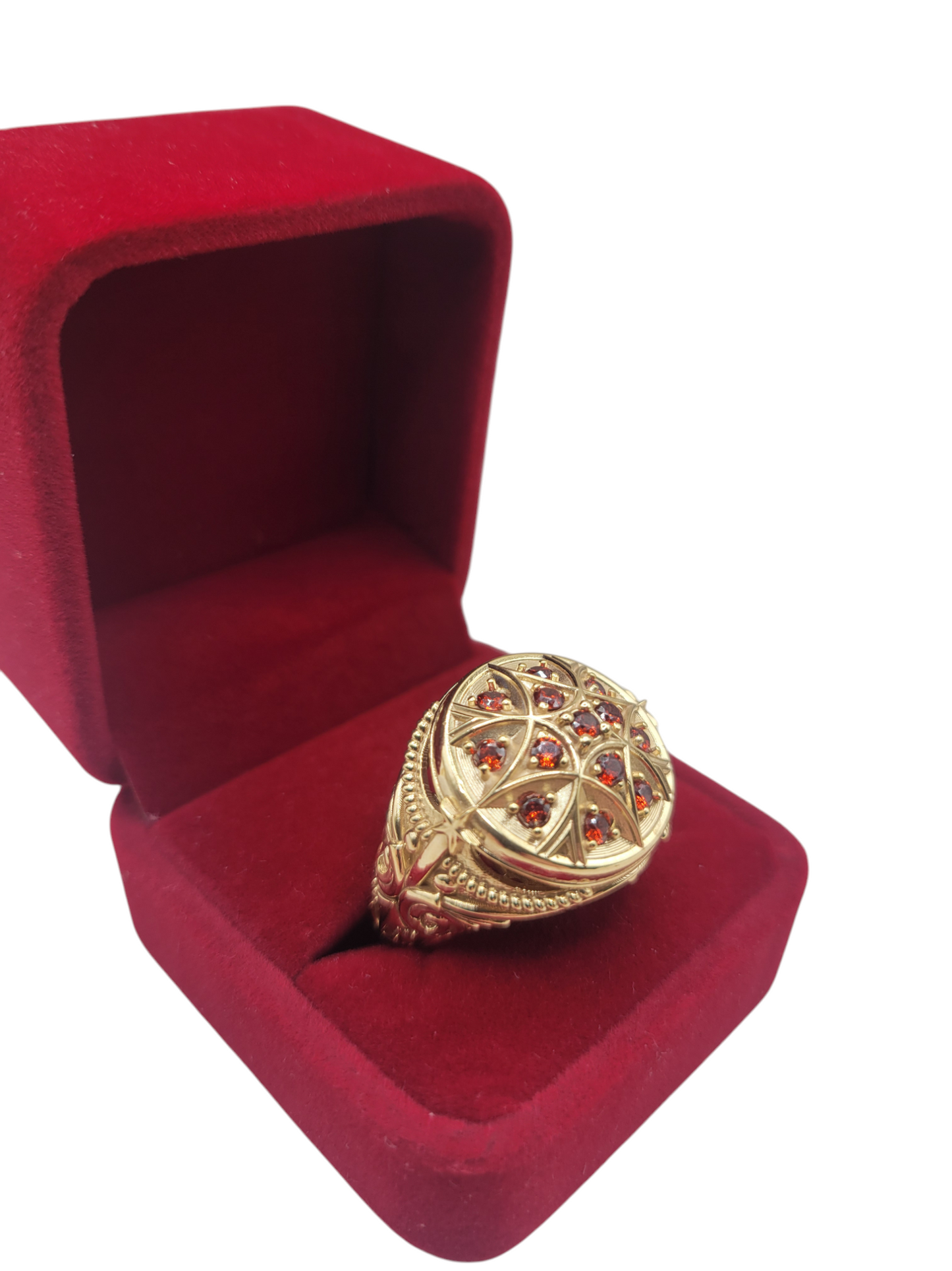 10K gold ring. Red CZ stone rosette. Size 10