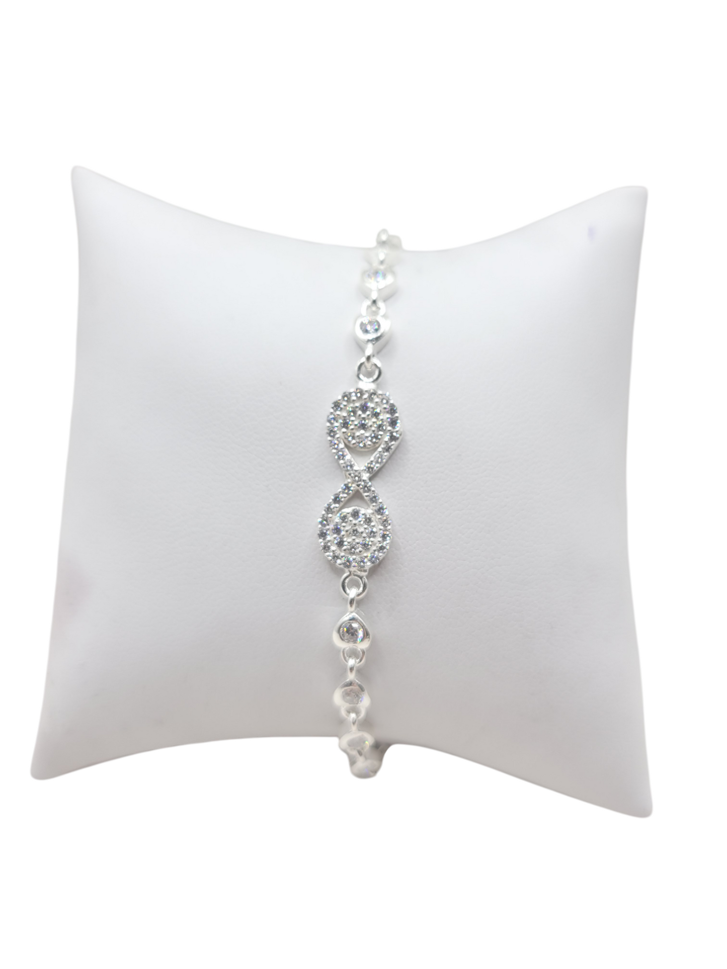 925 Sterling Silver Infinity Symbol Bracelet with White CZ Stones. 8 inches. 2mm