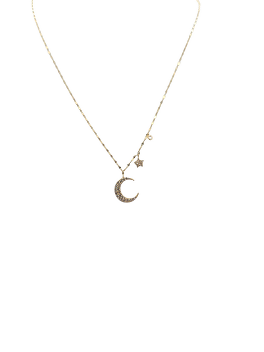 14K gold chain. moon and star.18in. 1mm.stone CZ