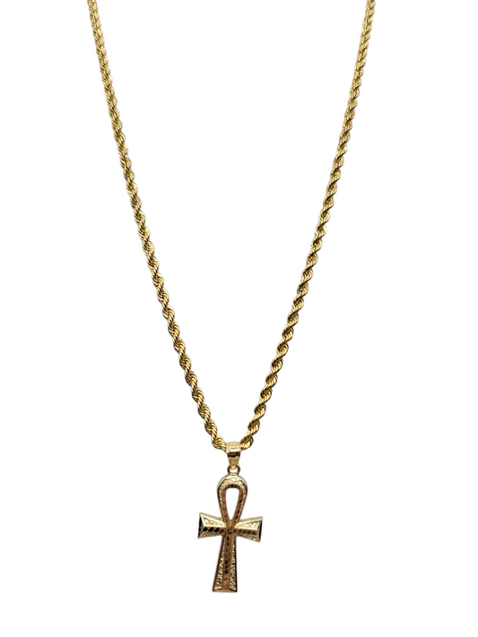 10K gold chain with Egyptian cross pendant. 24 inches. 3 mm.