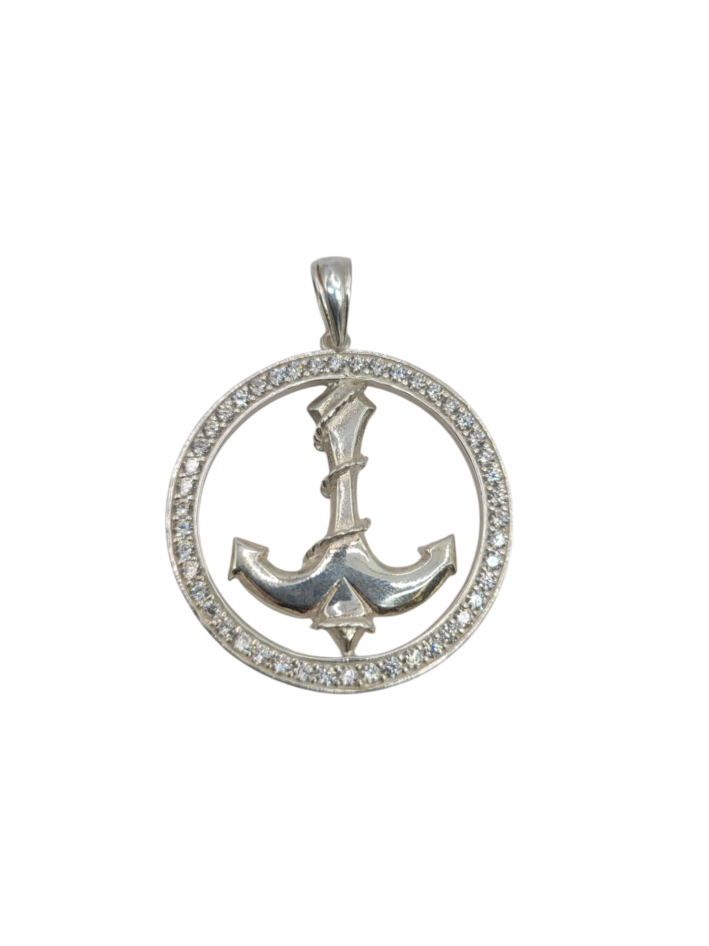 925 silver pendant. Round with anchor. CZ stone.