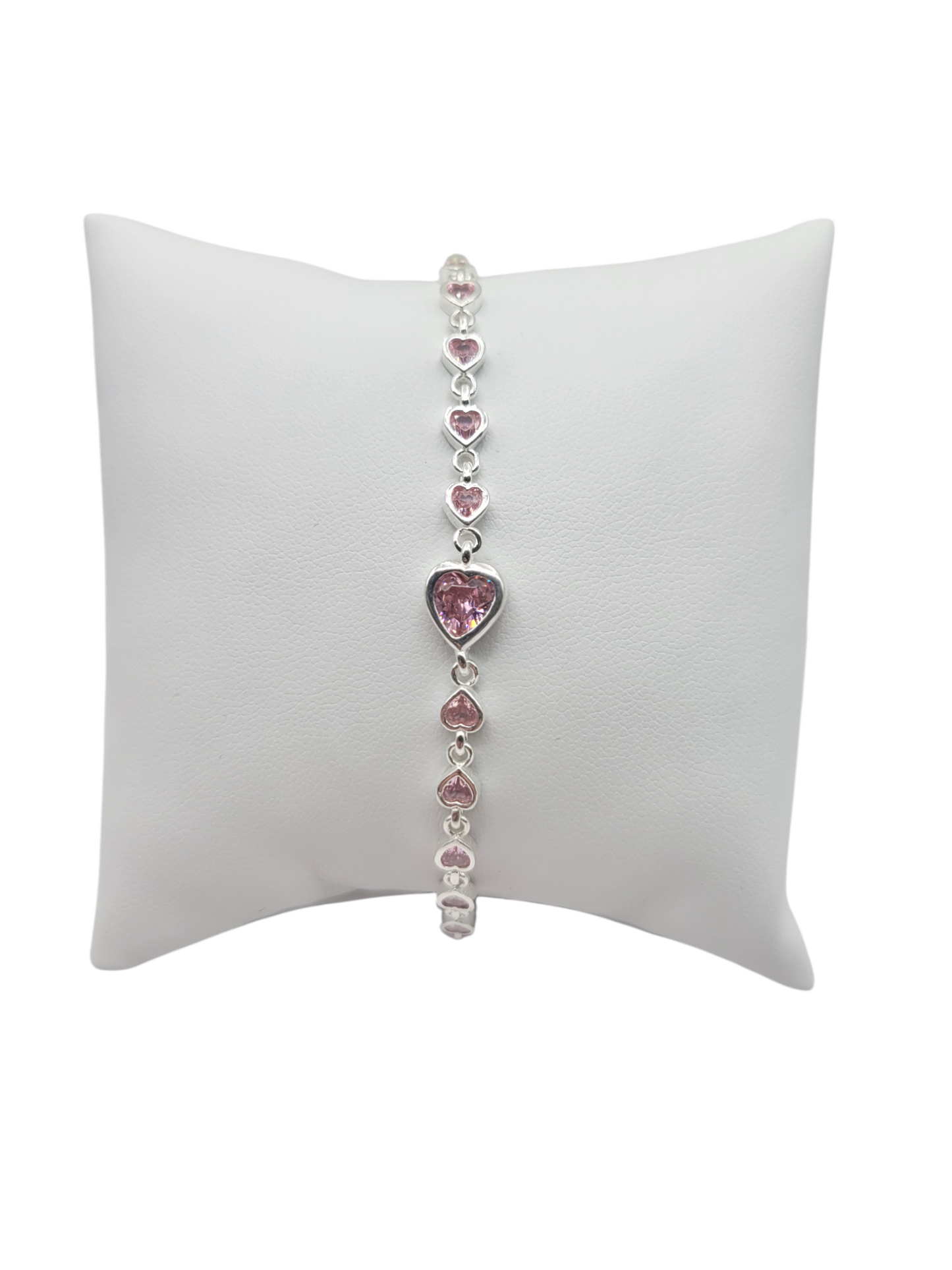 925 Sterling Silver Bracelet. Pink Hearts. 8in. 2-5mm