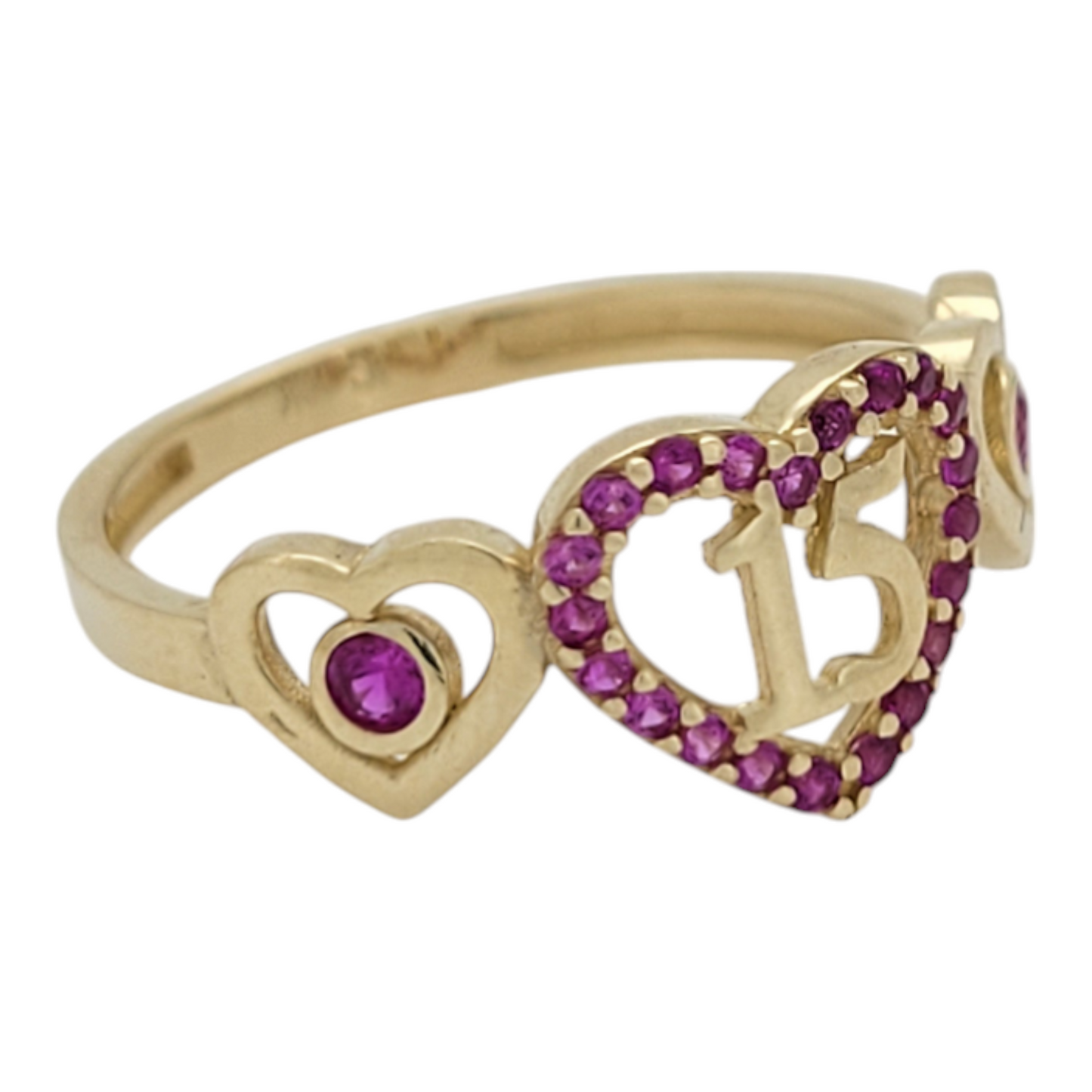 10K gold ring. Quinceañera. 3 pink hearts. Size 6.5 . CZ Stones