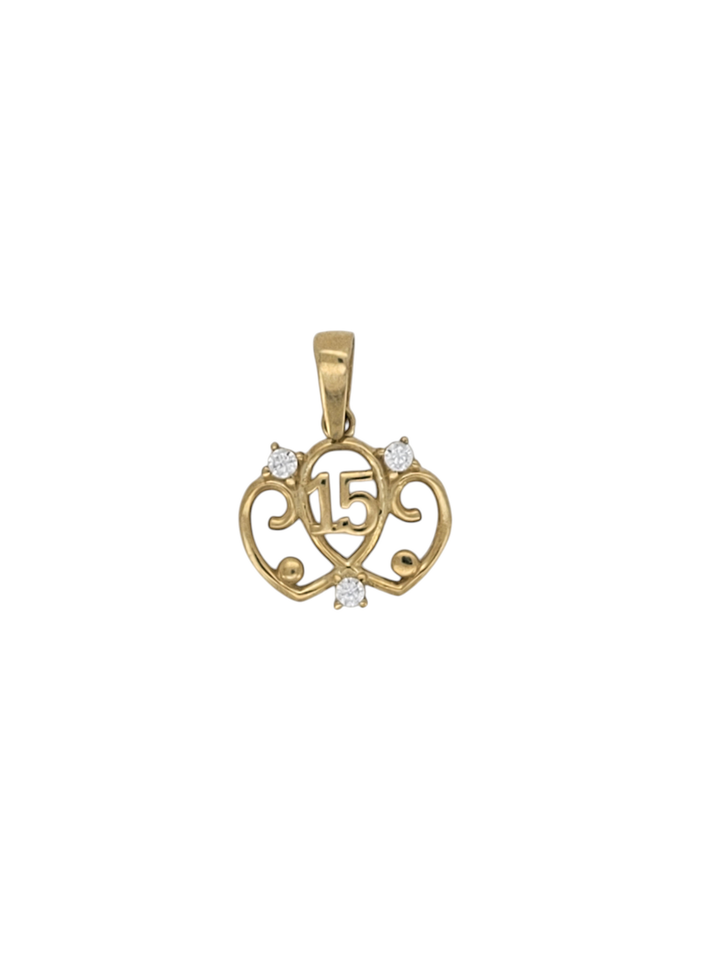 10K gold pendant. Quinceañera. Hearts with 3 white CZ stones