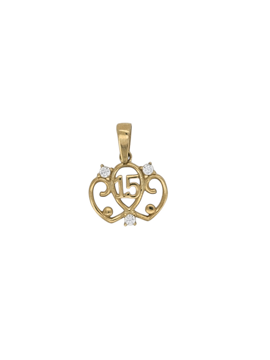 10K gold pendant. Quinceañera. Hearts with 3 white CZ stones