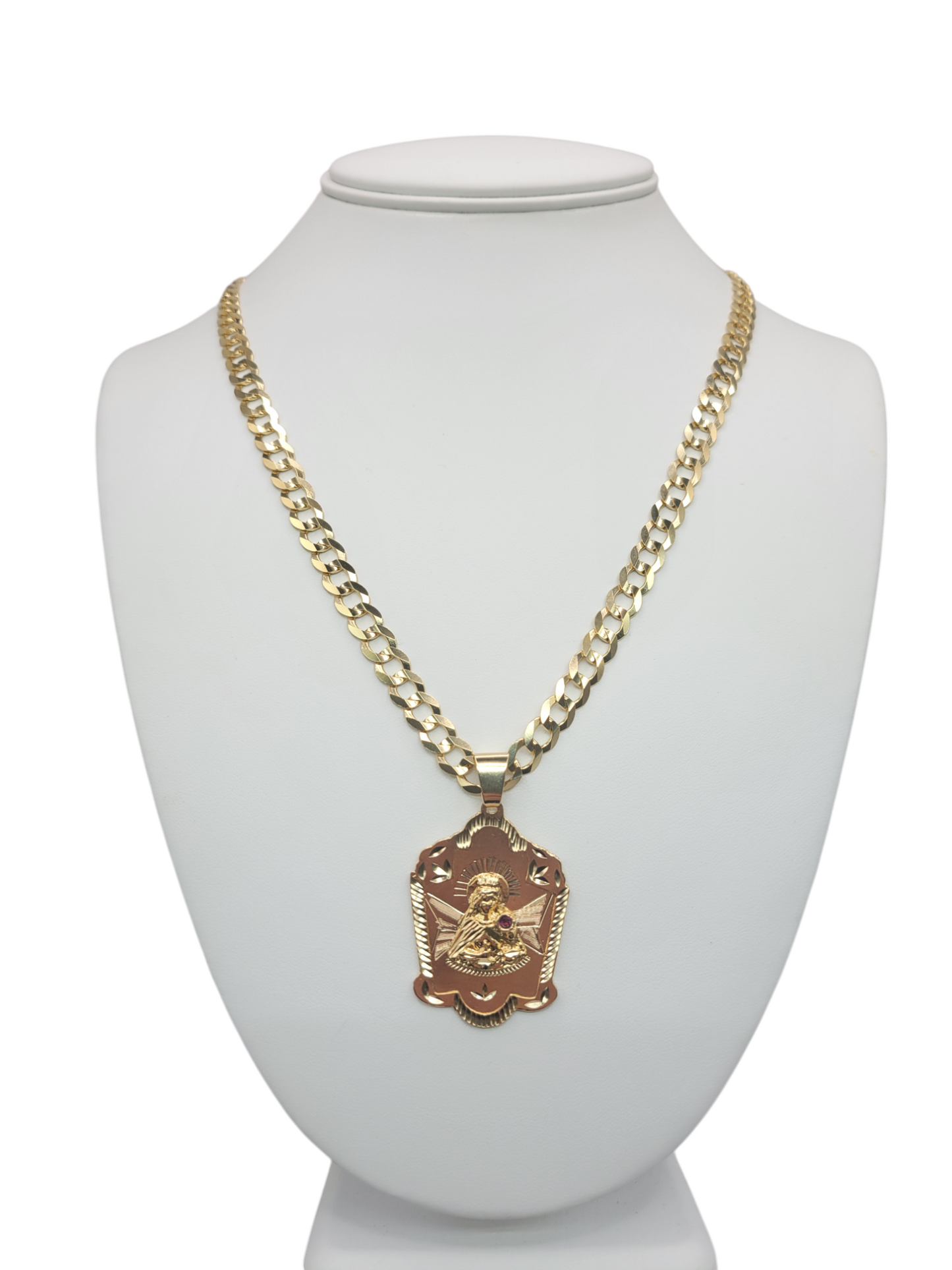 14K gold Cuban chain. Saint Barbara pendant. 24in . 7mm