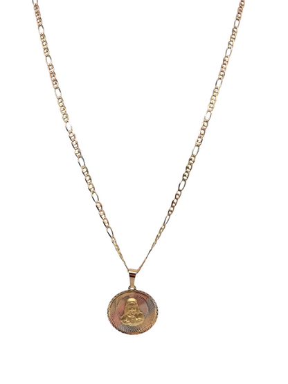 10K gold chain. Round pendant with the face of Jesus. Figaro style. 3 colors. 22in. 3mm