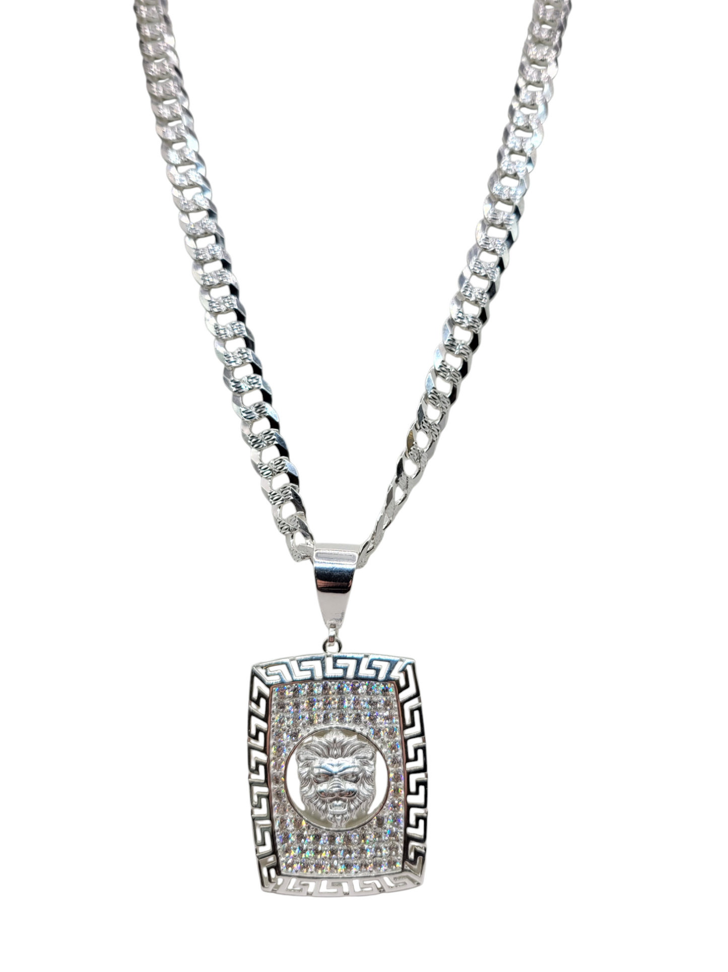 925 silver chain. Lion pendant with CZ stone. 26 inches. 7 mm