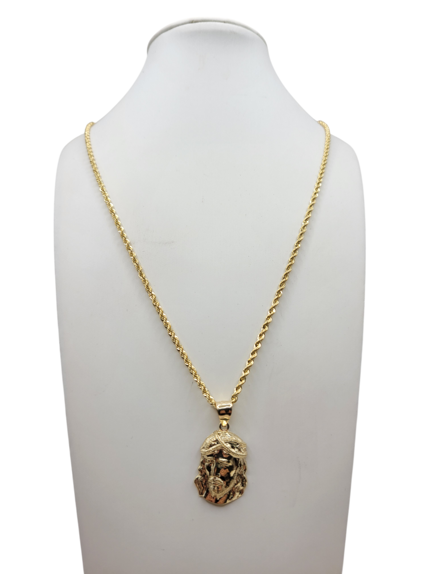 10K Gold Rope Chain. Large Jesus Pendant. 24in. 2mm
