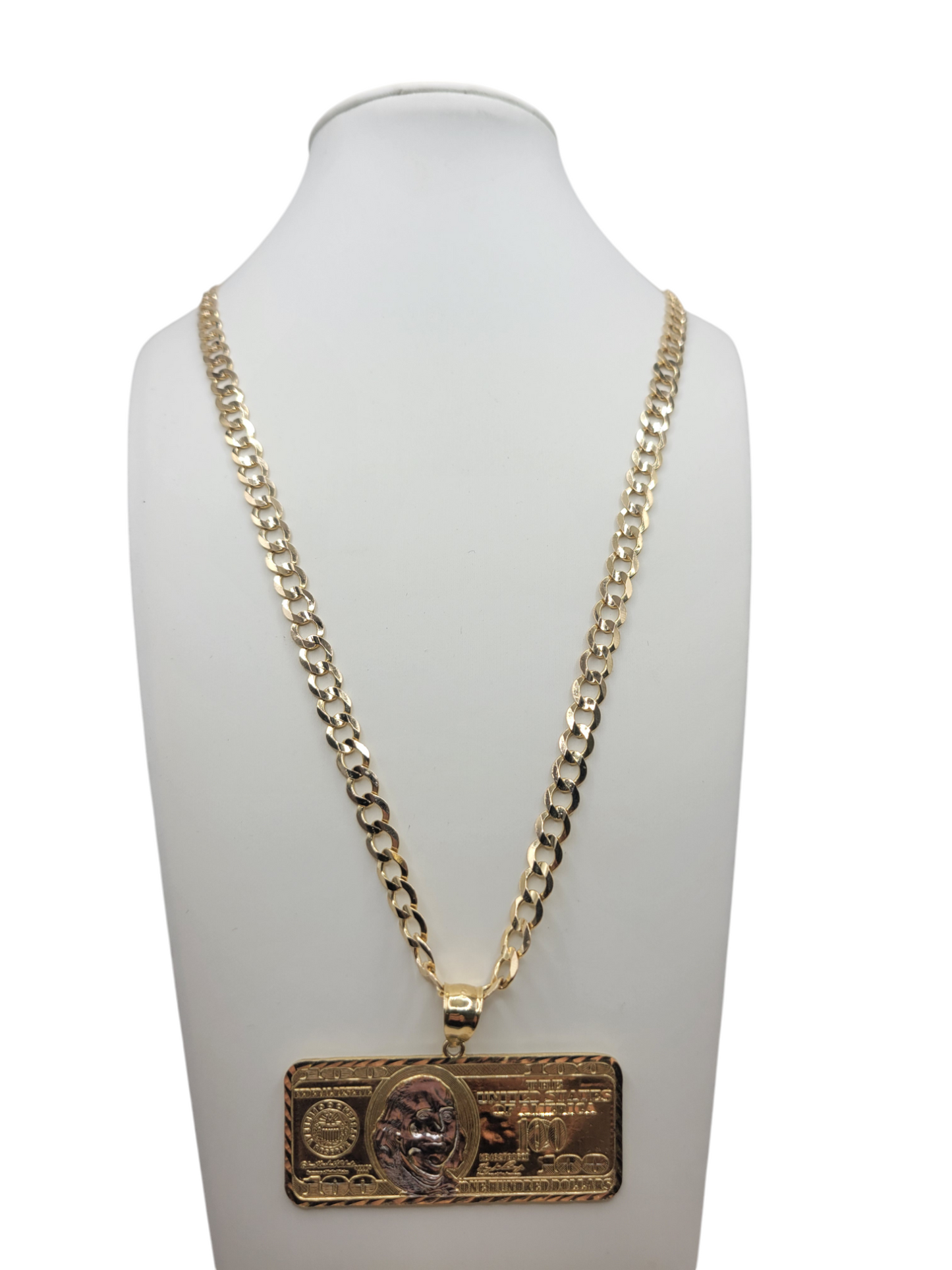 10K gold Cuban chain. $100 bill pendant. 24in . 6mm