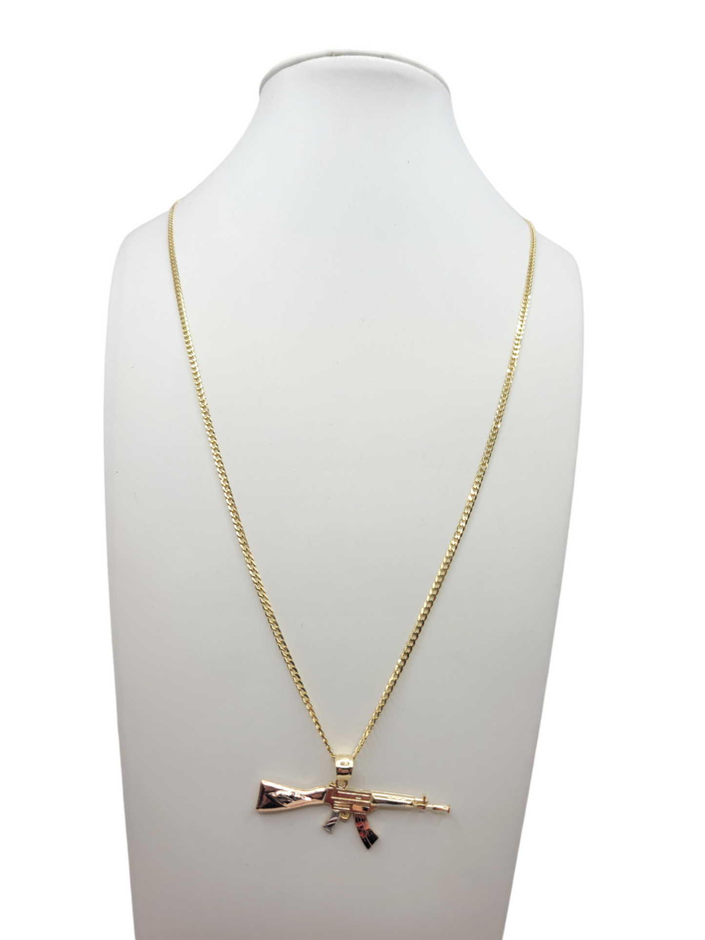 10K Gold Cuban Chain. Gun Pendant. 24in. 2mm