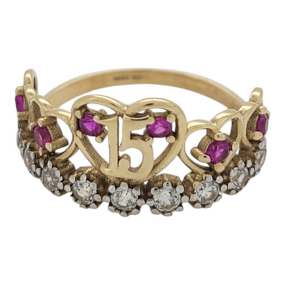 10K gold ring. Quinceañera. Hearts with pink and white CZ stones. Size 6