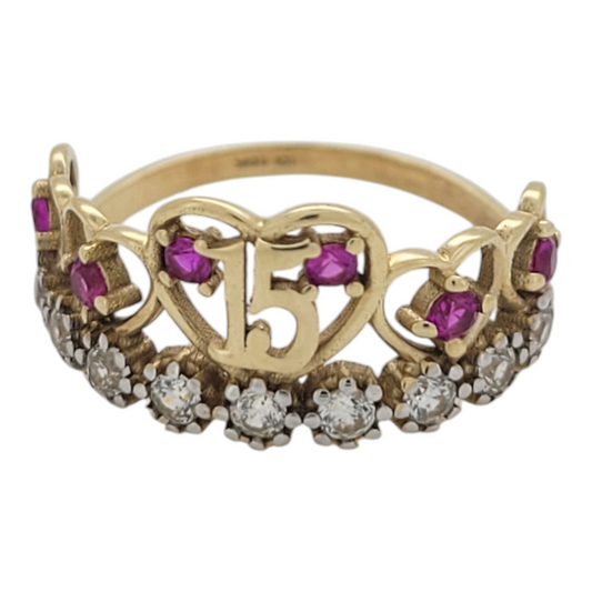 10K gold ring. Quinceañera. Hearts with pink and white CZ stones. Size 6