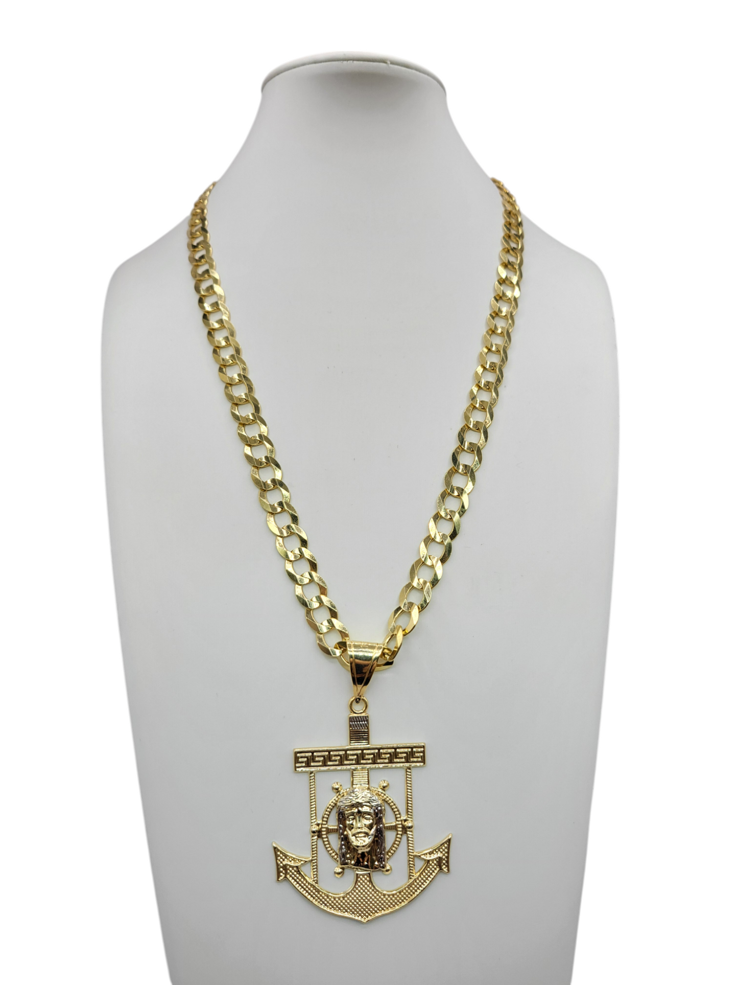 10k gold Cuban chain, 22 inches, 9.3 mm. Anchor pendant with Jesus.