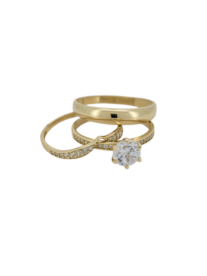 10K gold wedding rings. Trio. Women's size 8.5. Men's size 10.5. CZ stones